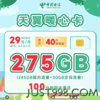 CHINA TELECOM 中国电信 暖心卡 29元月租（245G通用+30G定向+100分钟通话）
