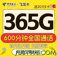 超大流量：CHINA TELECOM 中国电信 飞龙卡 半年29月租（600分钟通话+365G全国流量+首月免租）激活送20元E卡