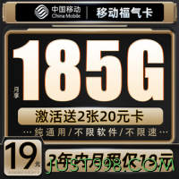 China Mobile 中国移动 福气卡 2年19元（185G流量+送480元+流量可续约）赠40元E卡