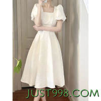 FOURDATRY 法式初恋白色大摆长裙子夏季女装方领收腰显瘦气质连衣裙子 白色 S