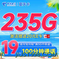 超大流量：CHINA TELECOM 中国电信 夏天卡 首年19元月租（畅享5G+235G全国流量+100分钟通话+首月免费用）激活送20元E卡