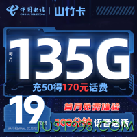 CHINA TELECOM 中国电信 山竹卡 首年19元/月（135G全国流量+100分钟通话）