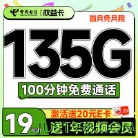 超值月租：CHINA TELECOM 中国电信 权益卡 首年19元月租（135G全国流量+100分钟通话+送一年视频会员）激活送20元E卡